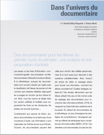 414 - Des documentaires pour les élèves du premier cycle du primaire : une analyse et une proposition d’activité