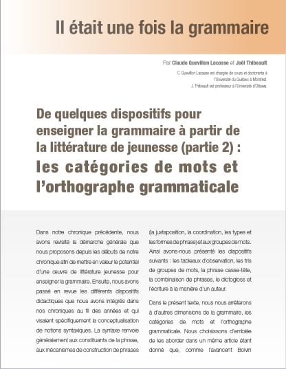 503 - De quelques dispositifs pour enseigner la grammaire à partir de la littérature de jeunesse (partie 2) : les catégories de mots et l’orthographe grammaticale