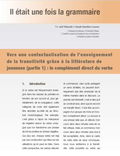 519 - Vers une contextualisation de l’enseignement de la transitivité grâce à la littérature de jeunesse (partie 1) : le complément direct du verbe