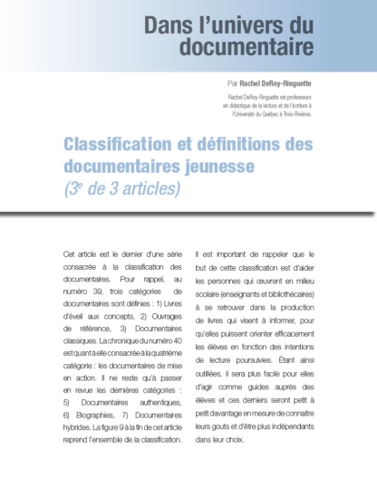 589 - Classification et définitions des documentaires jeunesse (3e de 3 articles)