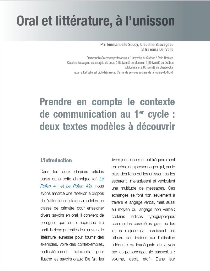 619 - Prendre en compte le contexte de communication au 1er cycle: deux textes modèles à découvrir